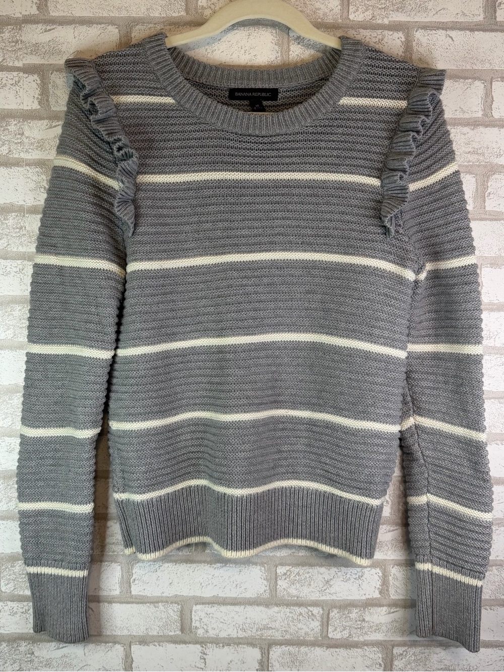 Banana Republic Gray & Cream Striped Ruffle-Shoulder Sweater
